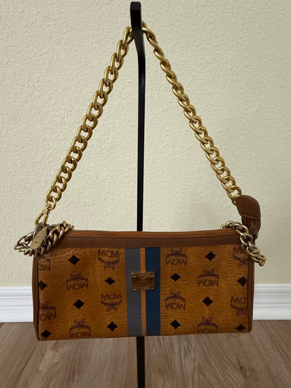MCM Cognac Visetos Bag with Blue Stripes - Picture 11 of 15